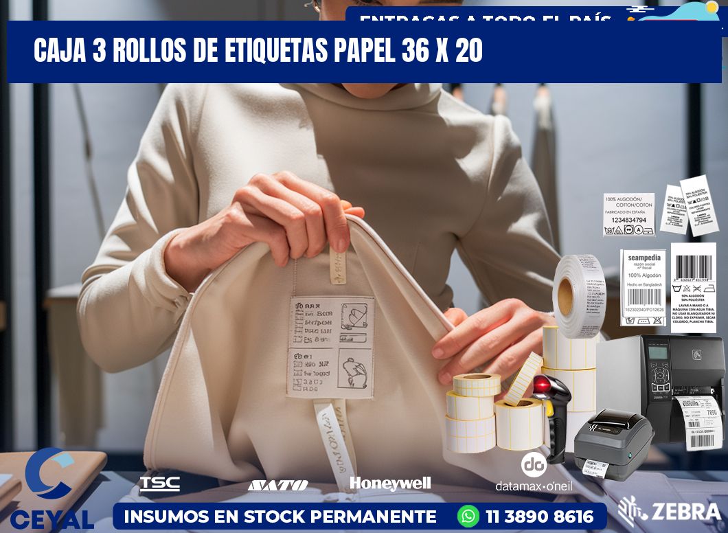 CAJA 3 ROLLOS DE ETIQUETAS PAPEL 36 x 20