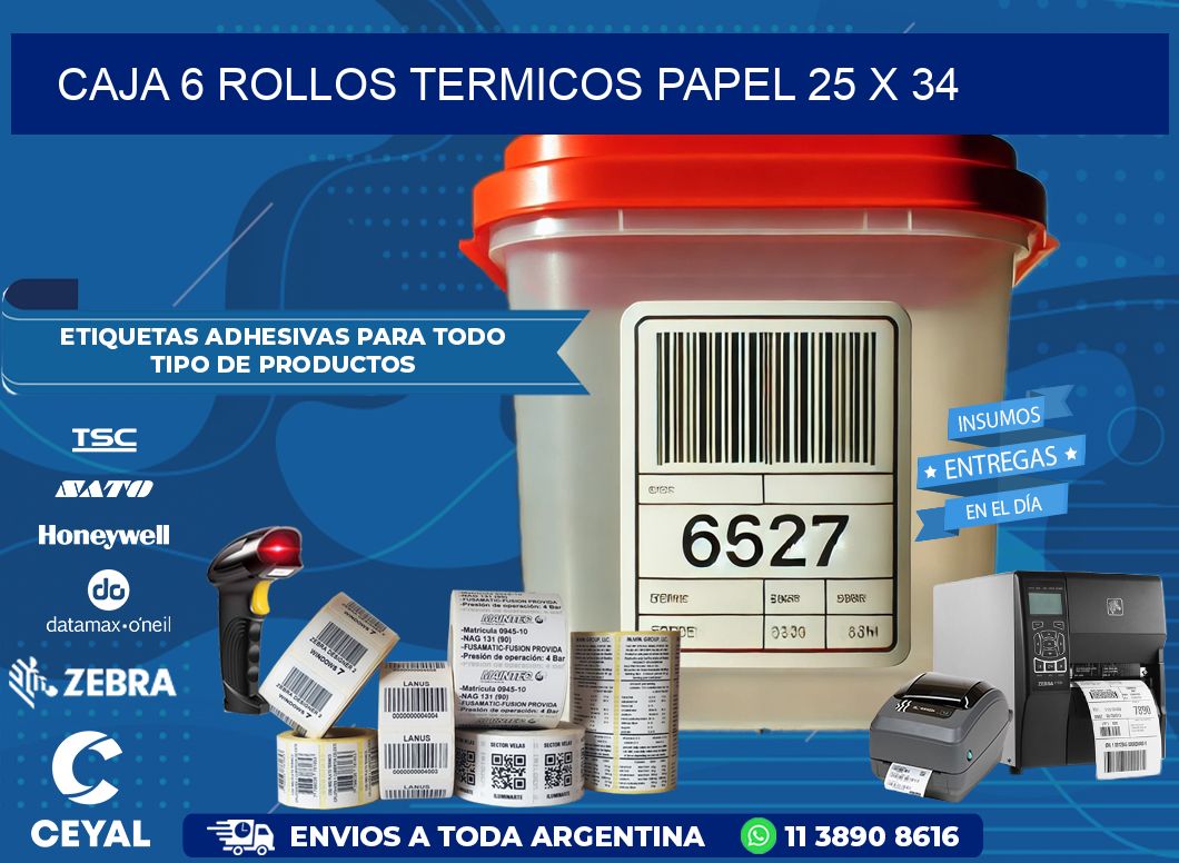CAJA 6 ROLLOS TERMICOS PAPEL 25 x 34
