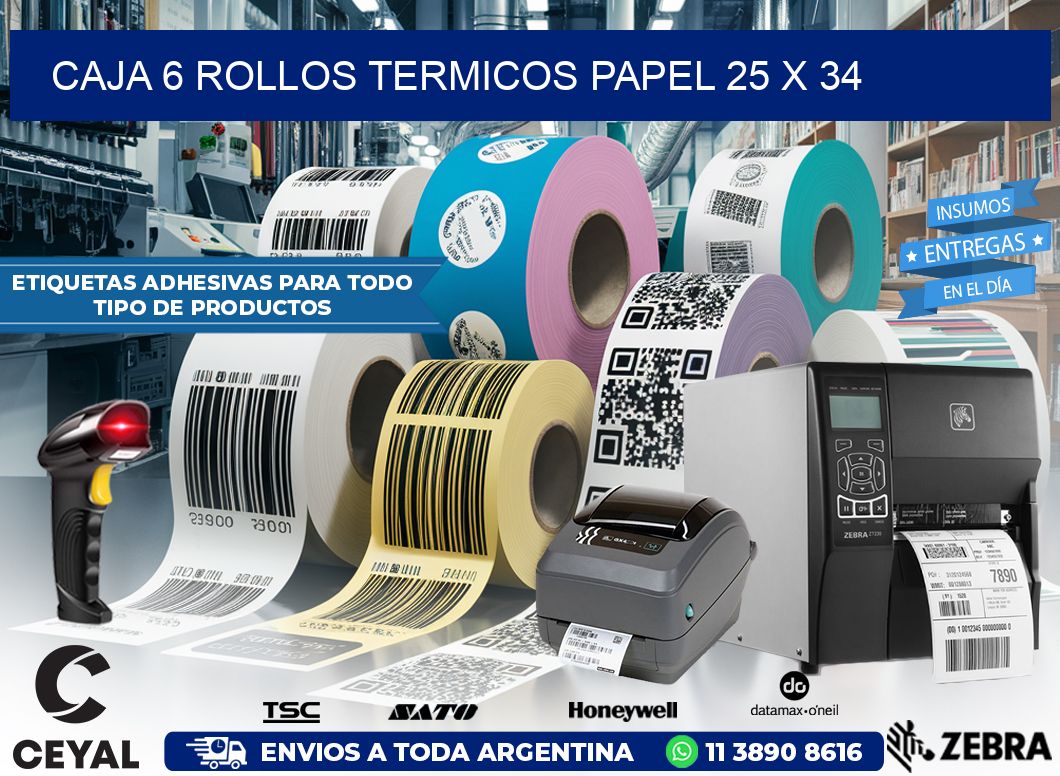 CAJA 6 ROLLOS TERMICOS PAPEL 25 x 34