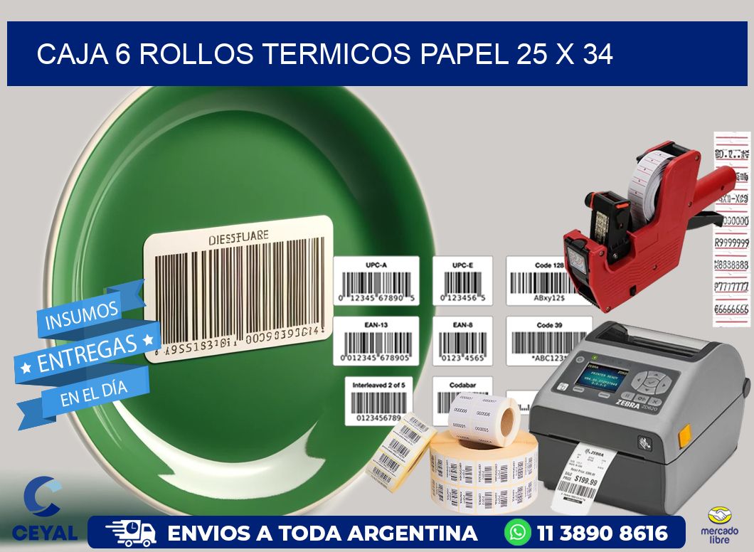 CAJA 6 ROLLOS TERMICOS PAPEL 25 x 34