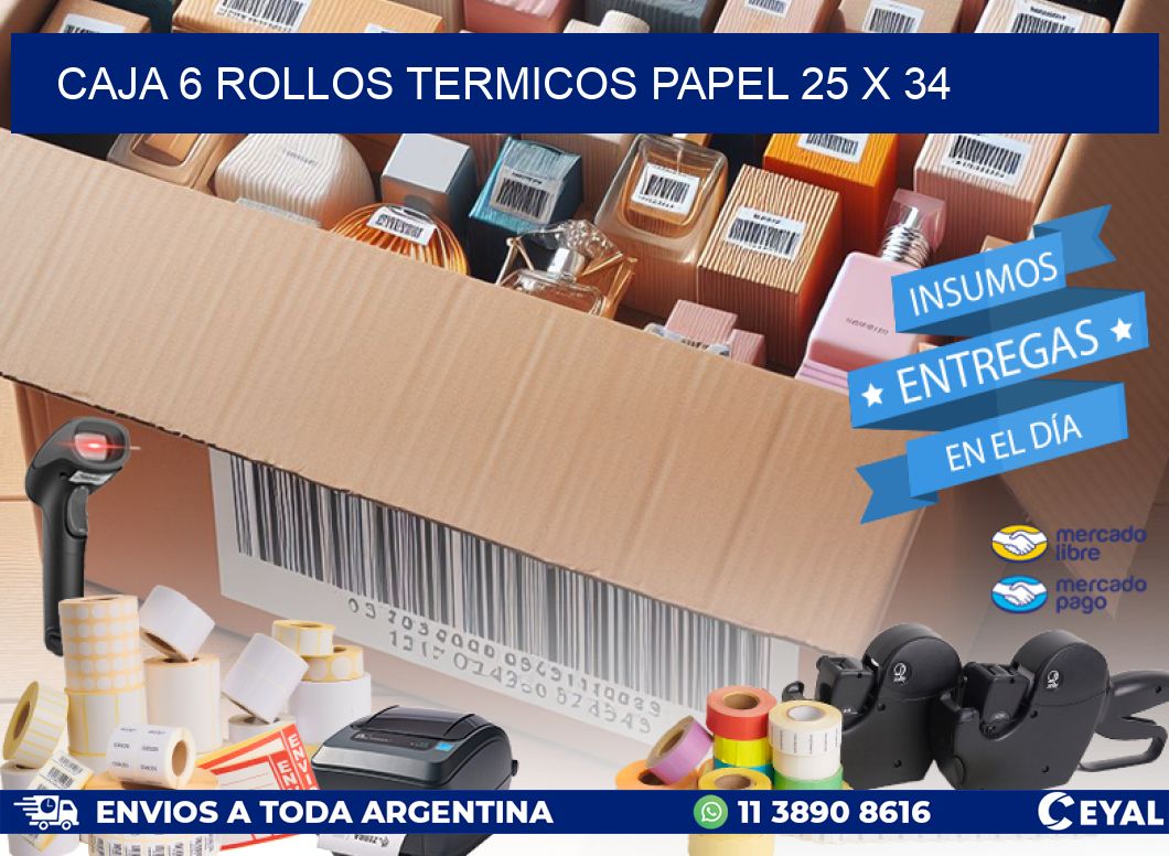 CAJA 6 ROLLOS TERMICOS PAPEL 25 x 34