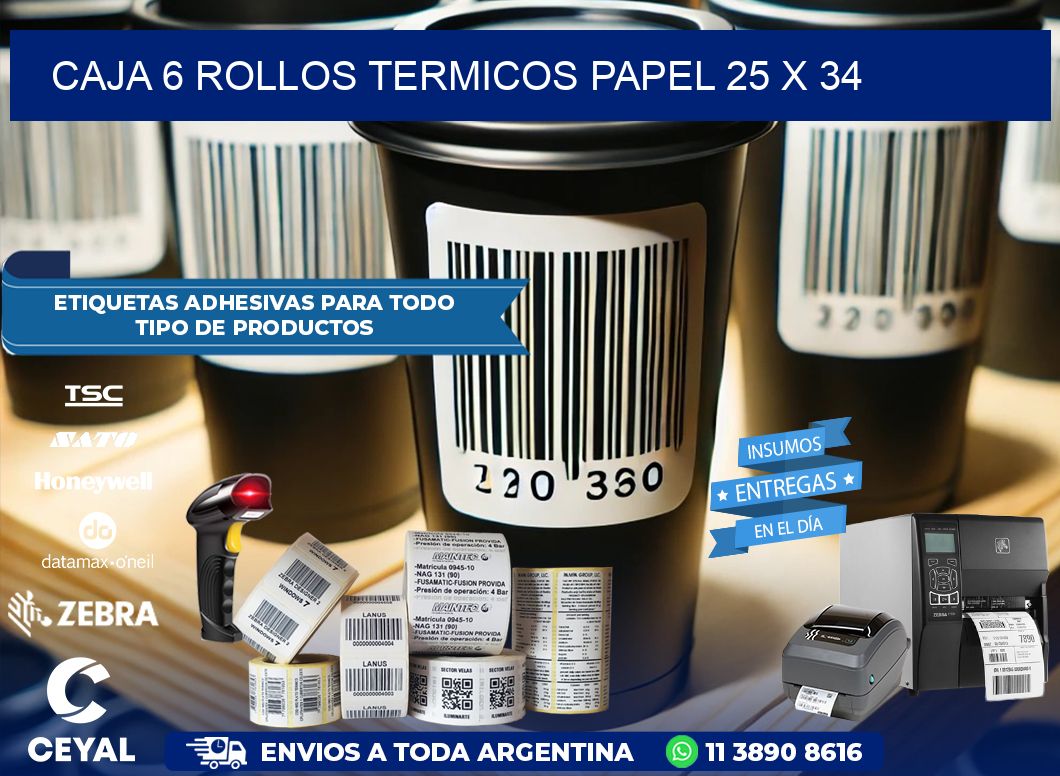 CAJA 6 ROLLOS TERMICOS PAPEL 25 x 34