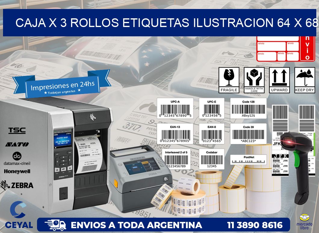 Caja X 3 Rollos Etiquetas Ilustracion 64 x 68