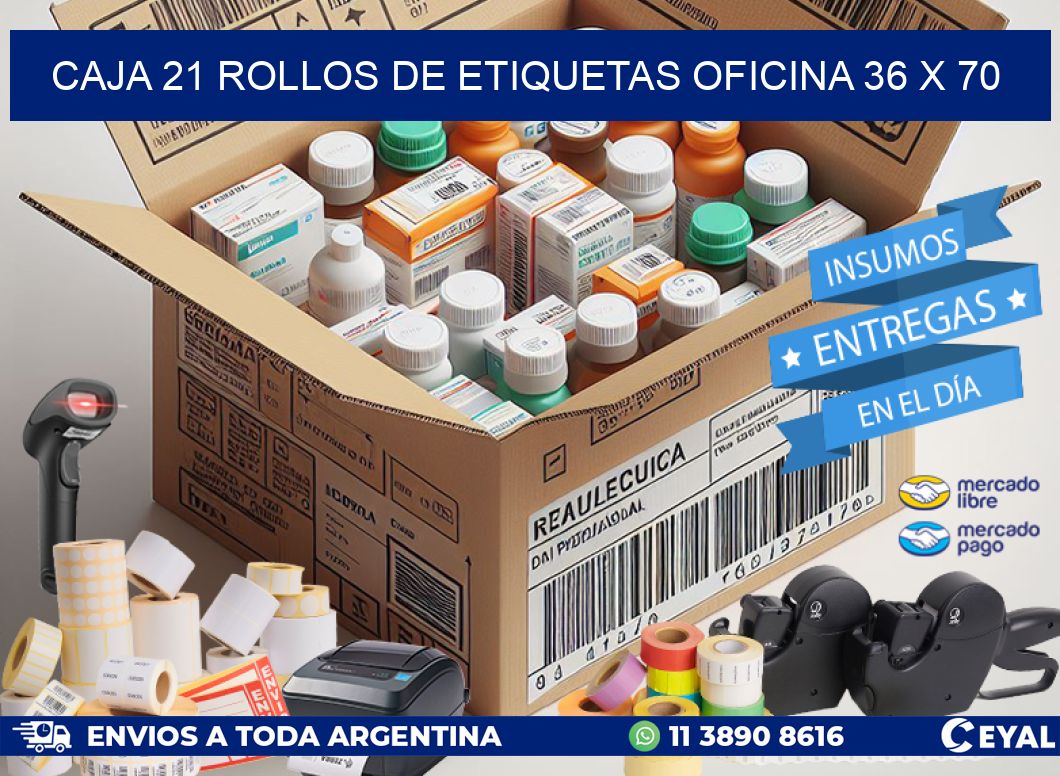 CAJA 21 ROLLOS DE ETIQUETAS OFICINA 36 x 70
