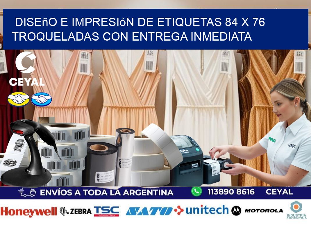 Diseño e impresión de etiquetas 84 x 76 troqueladas con entrega inmediata