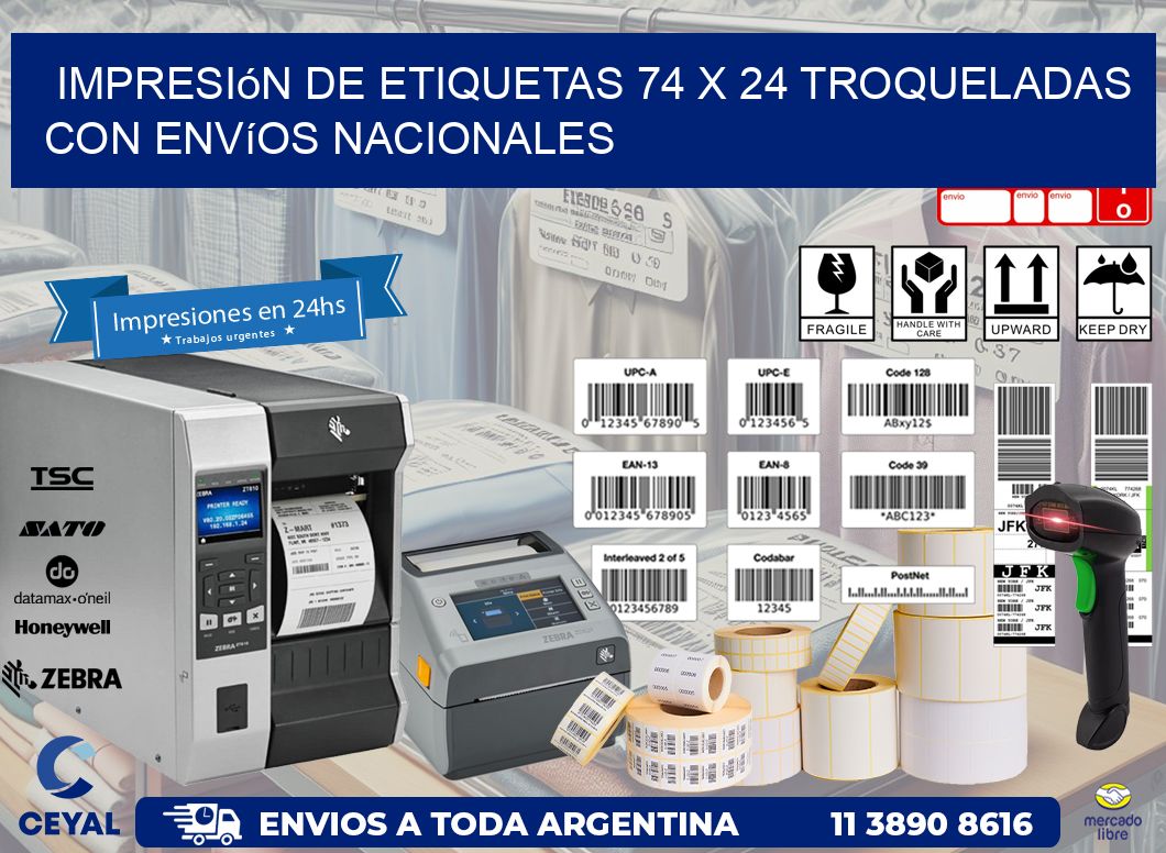 Impresión de etiquetas 74 x 24 troqueladas con envíos nacionales