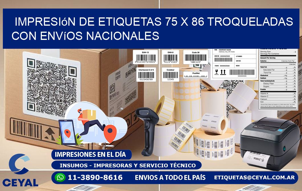 Impresión de etiquetas 75 x 86 troqueladas con envíos nacionales