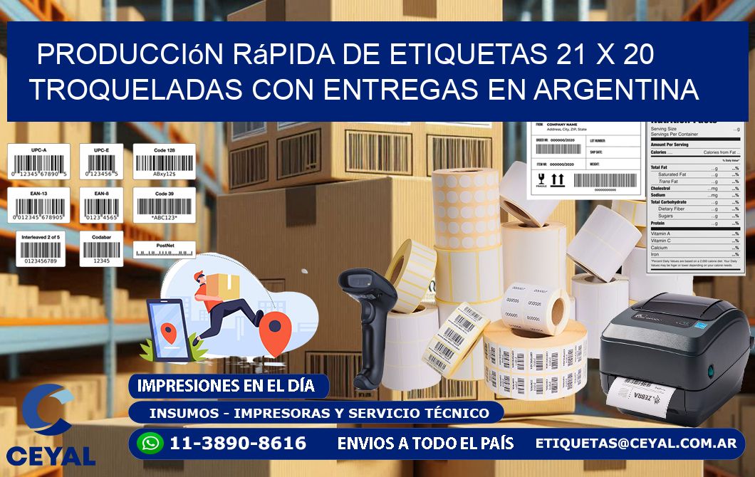 Producción rápida de etiquetas 21 x 20 troqueladas con entregas en Argentina