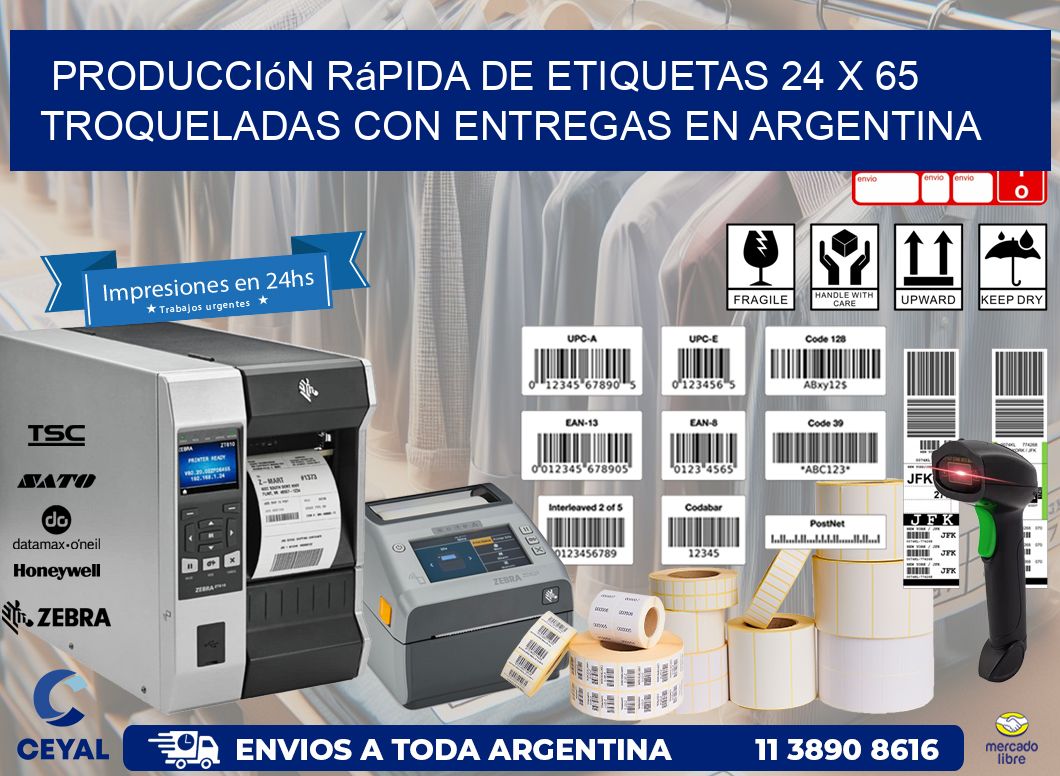Producción rápida de etiquetas 24 x 65 troqueladas con entregas en Argentina