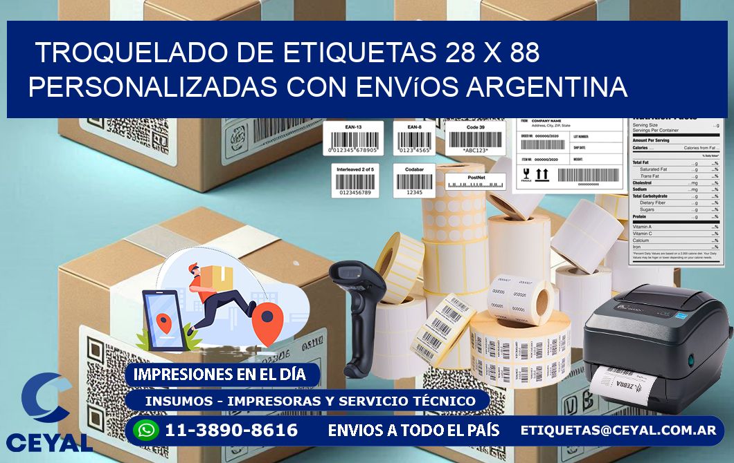 Troquelado de etiquetas 28 x 88 personalizadas con envíos Argentina