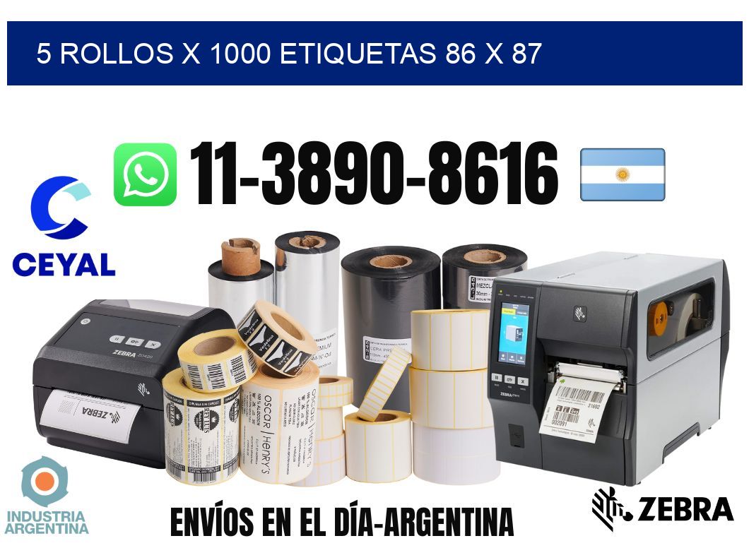 5 rollos x 1000 etiquetas 86 x 87