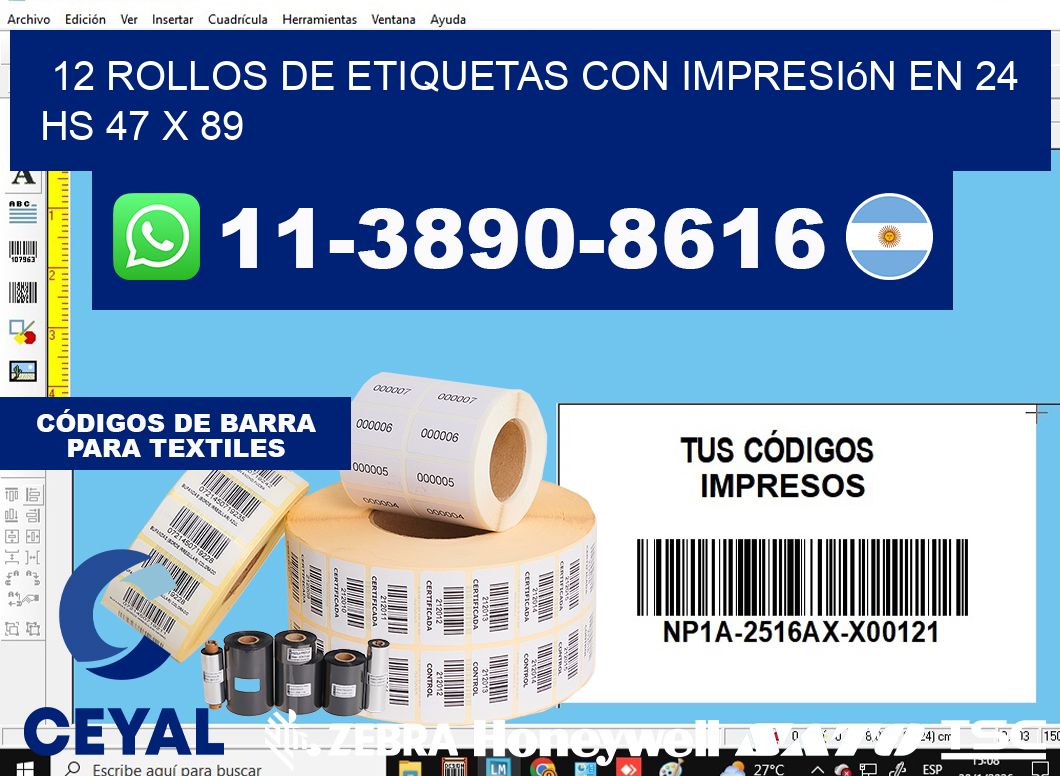 12 rollos de etiquetas con impresión en 24 hs 47 x 89