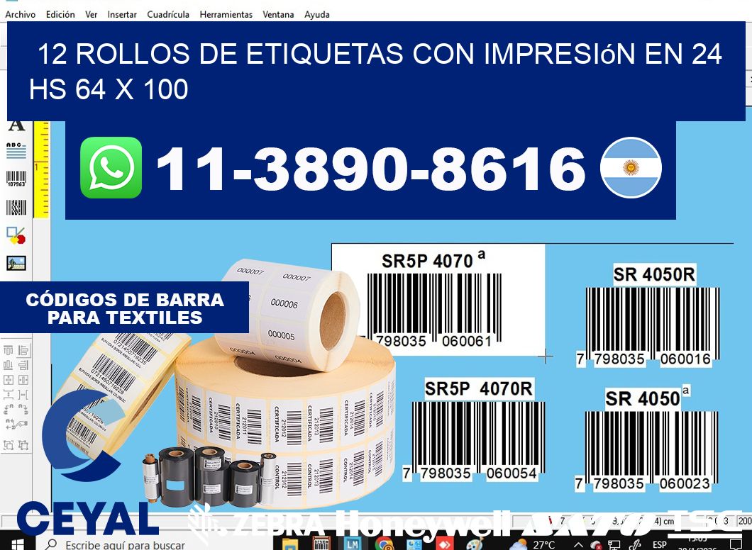 12 rollos de etiquetas con impresión en 24 hs 64 x 100