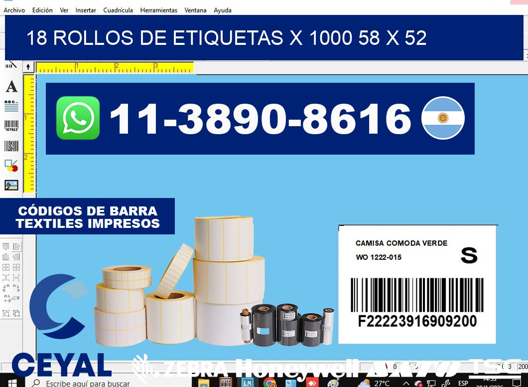 18 rollos de etiquetas x 1000 58 x 52