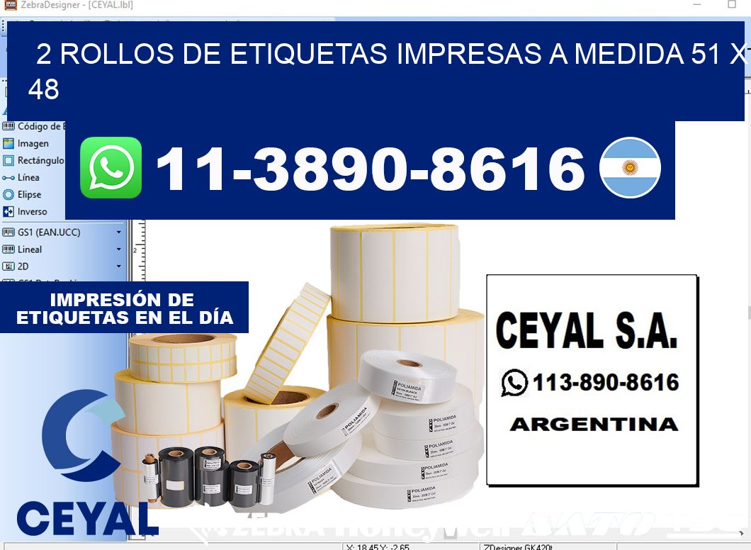 2 rollos de etiquetas impresas a medida 51 x 48