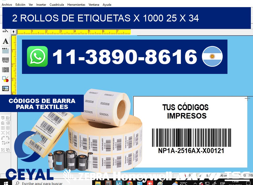 2 rollos de etiquetas x 1000 25 x 34