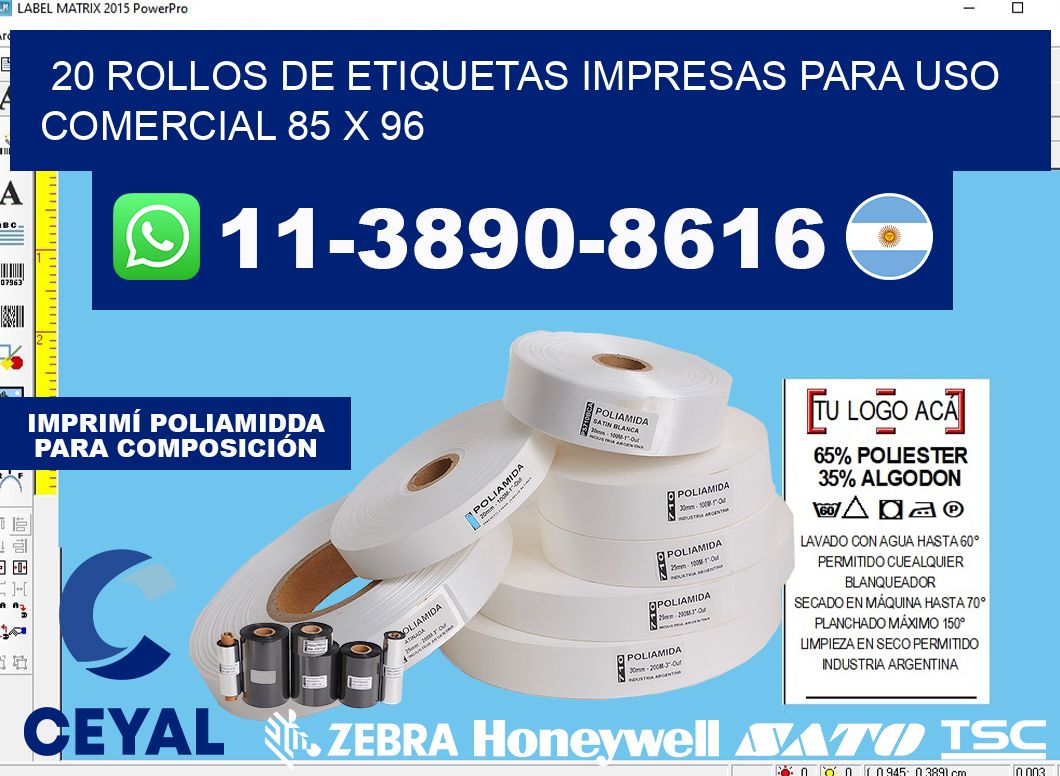20 rollos de etiquetas impresas para uso comercial 85 x 96