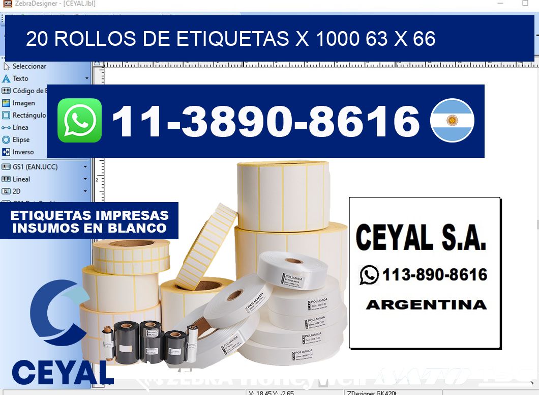 20 rollos de etiquetas x 1000 63 x 66