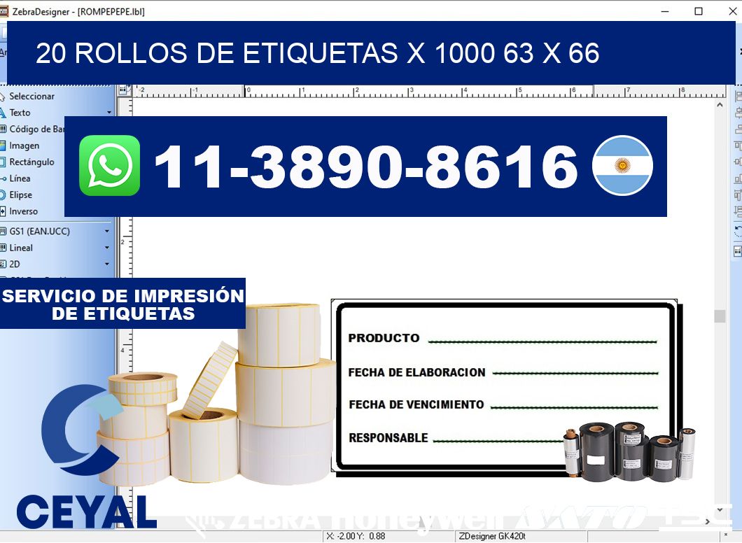 20 rollos de etiquetas x 1000 63 x 66