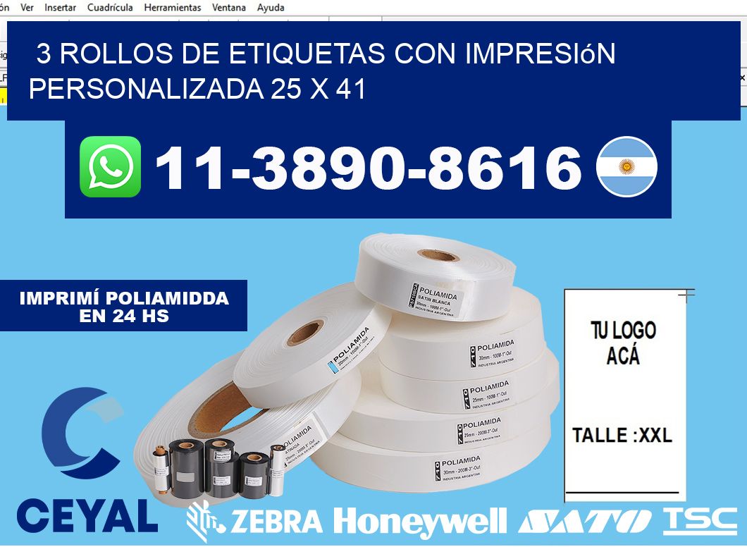 3 rollos de etiquetas con impresión personalizada 25 x 41