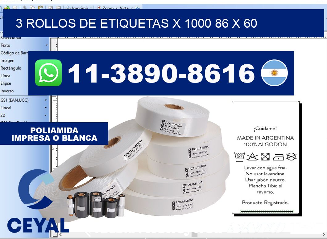 3 rollos de etiquetas x 1000 86 x 60