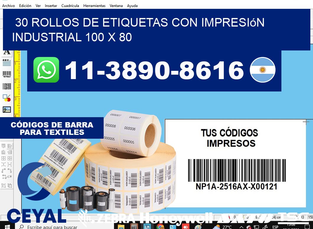 30 rollos de etiquetas con impresión industrial 100 x 80