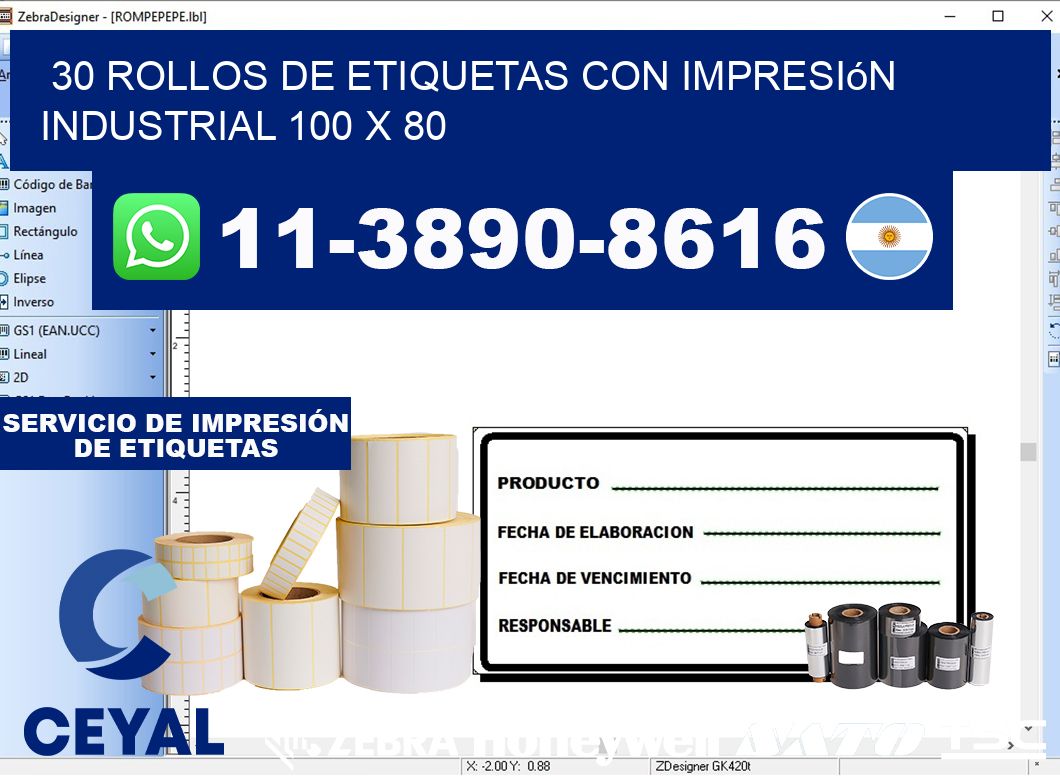 30 rollos de etiquetas con impresión industrial 100 x 80