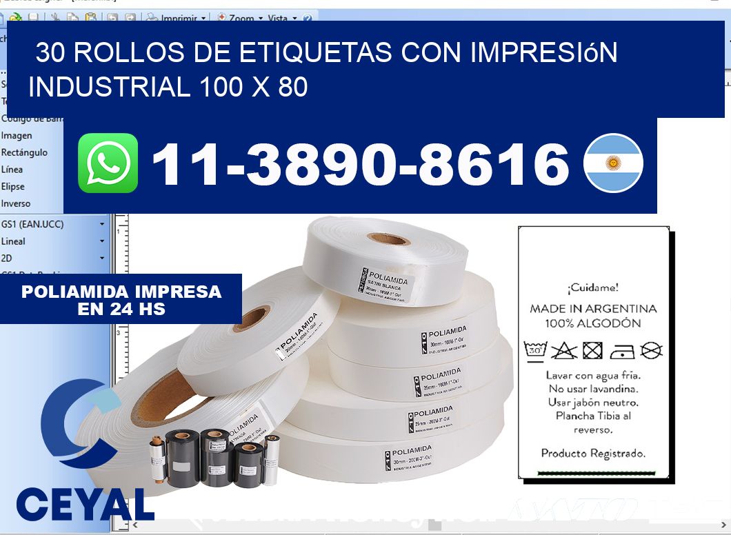 30 rollos de etiquetas con impresión industrial 100 x 80