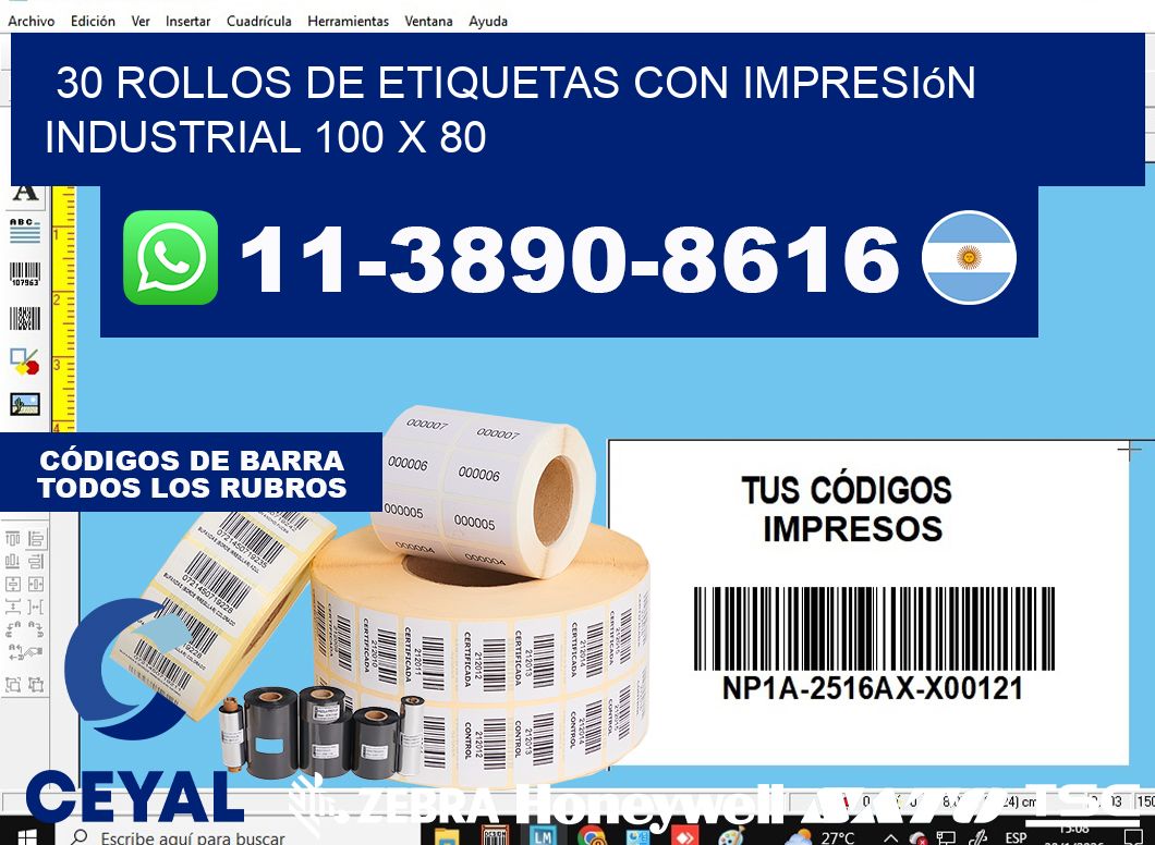 30 rollos de etiquetas con impresión industrial 100 x 80