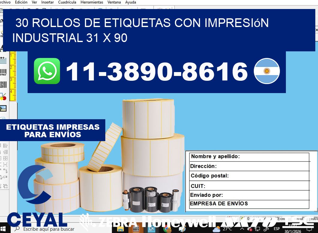 30 rollos de etiquetas con impresión industrial 31 x 90