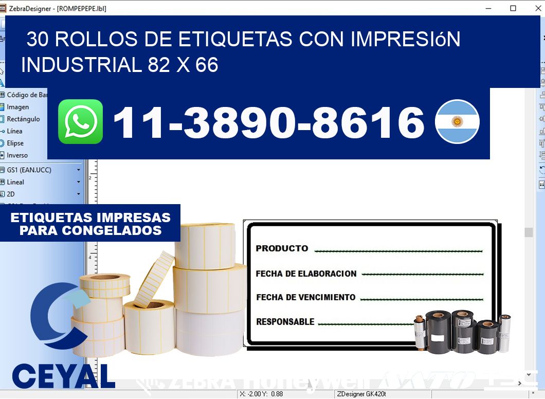 30 rollos de etiquetas con impresión industrial 82 x 66