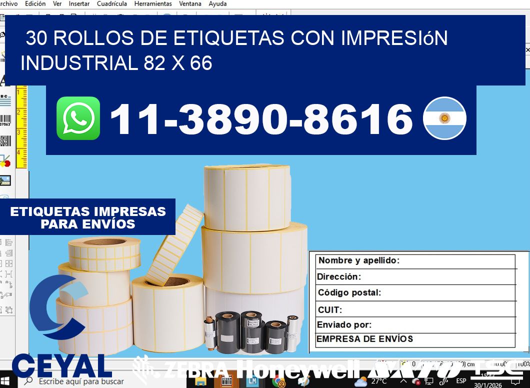 30 rollos de etiquetas con impresión industrial 82 x 66