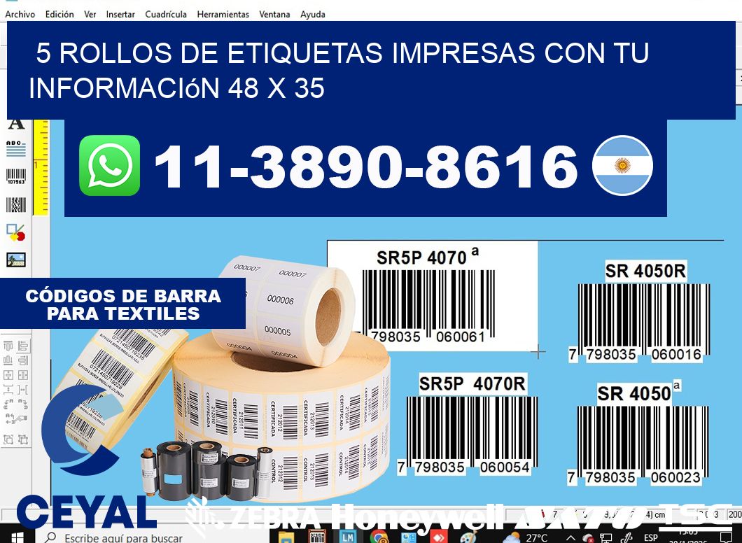 5 rollos de etiquetas impresas con tu información 48 x 35