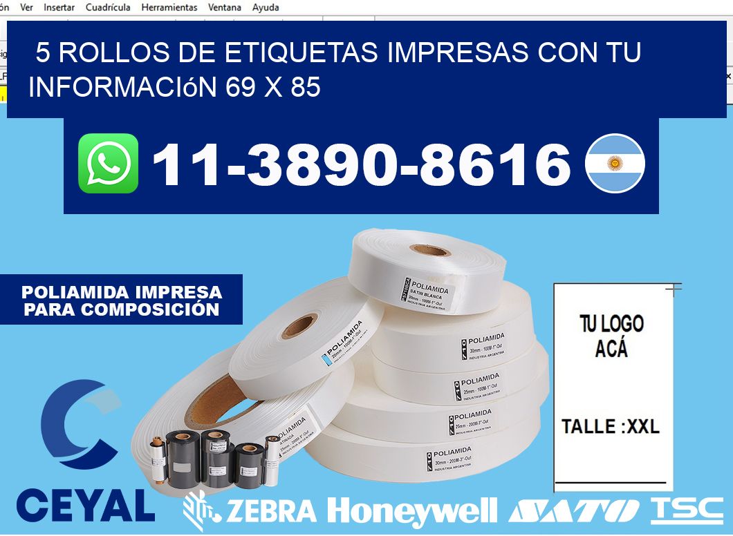 5 rollos de etiquetas impresas con tu información 69 x 85