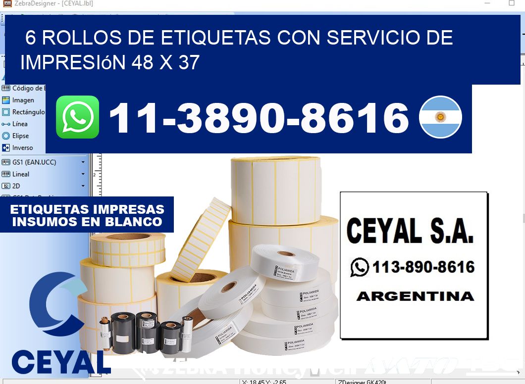 6 rollos de etiquetas con servicio de impresión 48 x 37