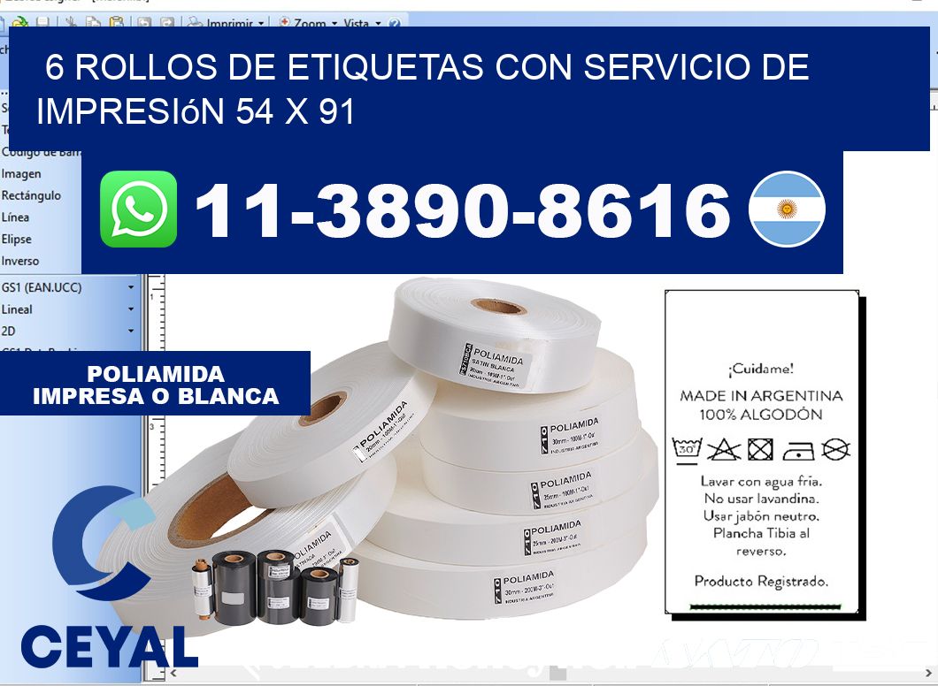 6 rollos de etiquetas con servicio de impresión 54 x 91