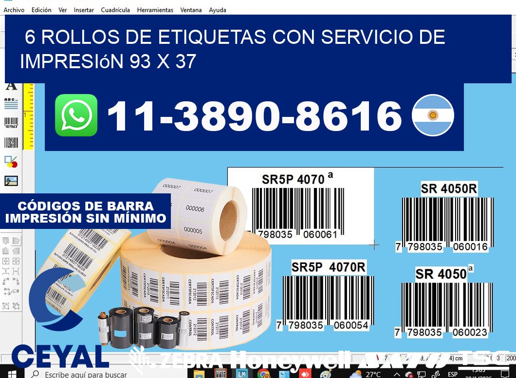6 rollos de etiquetas con servicio de impresión 93 x 37