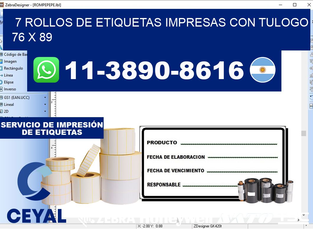 7 rollos de etiquetas impresas con tulogo 76 x 89