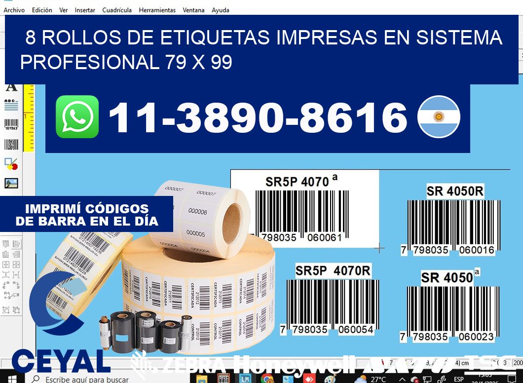 8 rollos de etiquetas impresas en sistema profesional 79 x 99