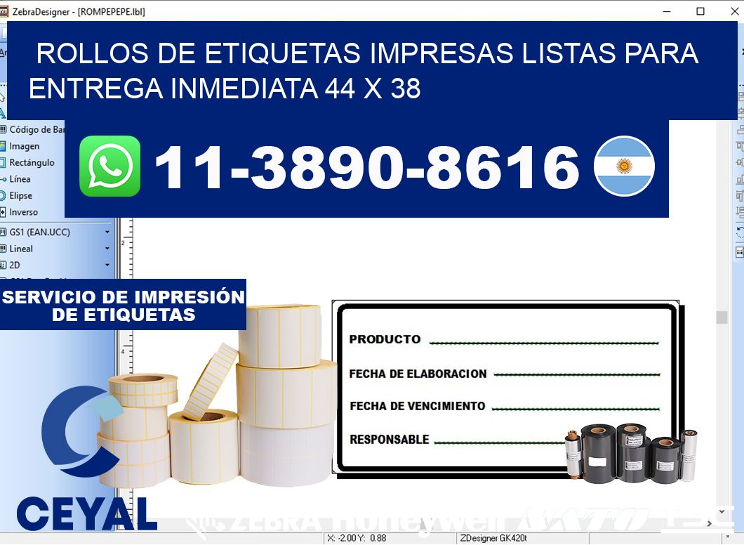 rollos de etiquetas impresas listas para entrega inmediata 44 x 38